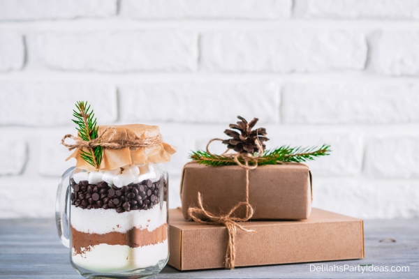 hot chocolate mix in mason jar wrapped as Christmas gift