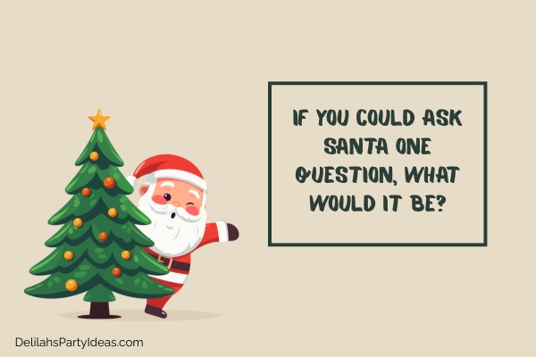 Illustration of Santa behind a Christmas tree with ice breaker question overlay