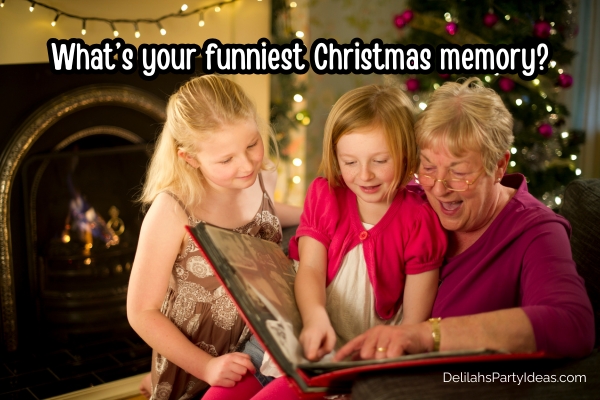 grandma with her granddaughters looking at a photo album at Christmas, with ice breaker question overlay