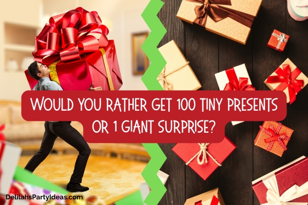 man holding a giant present on the left, small presents on the right, with ice breaker question overlay
