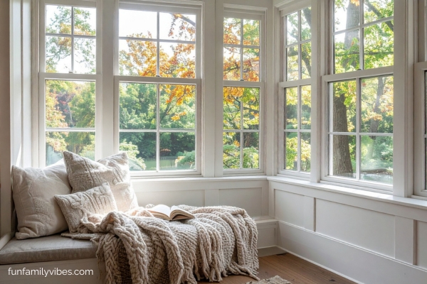 Cozy reading nook with a view of fall trees
