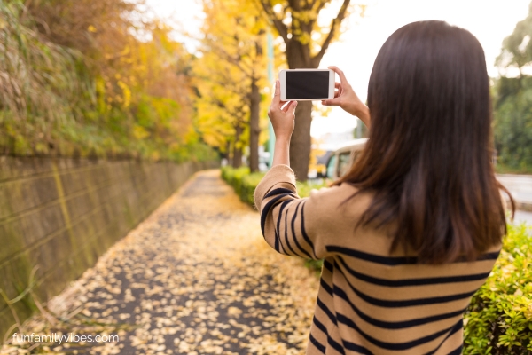 Woman taking a picture of beautiful fall trees