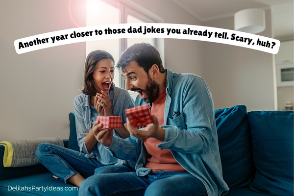 Man looking surprised at the gift given by girlfriend, with quote overlay