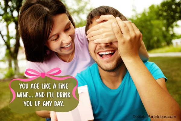 Woman covering eyes of boyfriend from behind, holding birthday gift, with quote overlay
