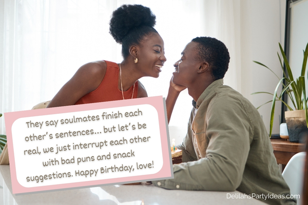 Woman touching cheek of boyfriend with birthday cake, with quote overlay