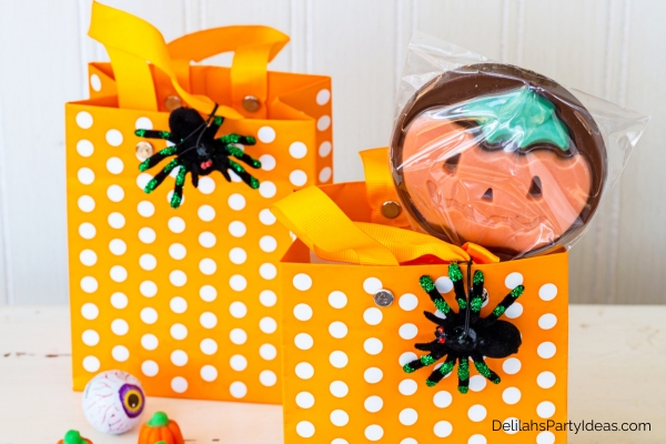 Halloween prizes in orange gift bags