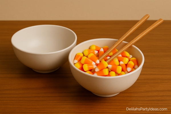 an empty bowl and a bowl of candy corns with chopsticks