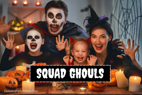 family in halloween costumes, with halloween team name overlay