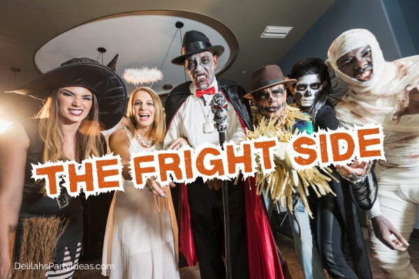 people wearing various halloween costumes, with halloween team name overlay