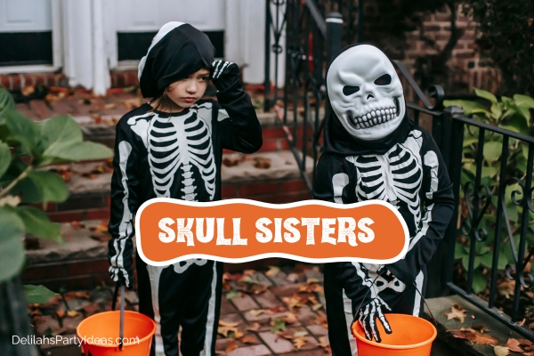 2 kids wearing skeleton costumes, with halloween team name overlay