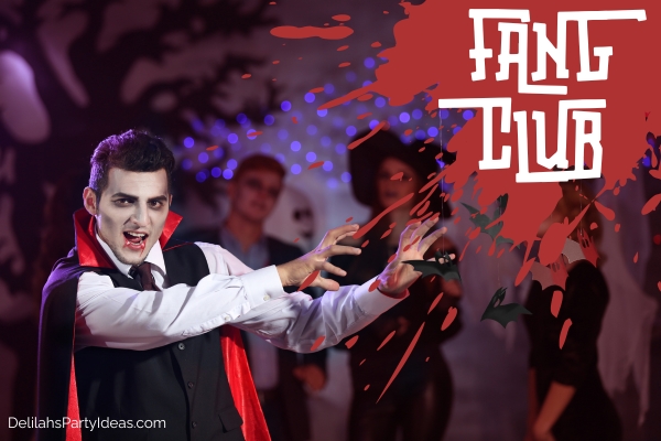man dressed as a vampire, with halloween team name overlay
