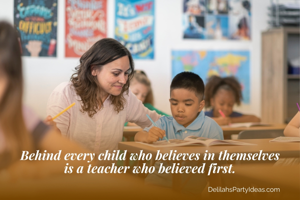 Teacher helping student in classroom with quote overlay