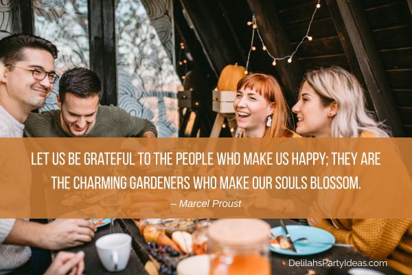 Friends at a Thanksgiving dinner with message overlay