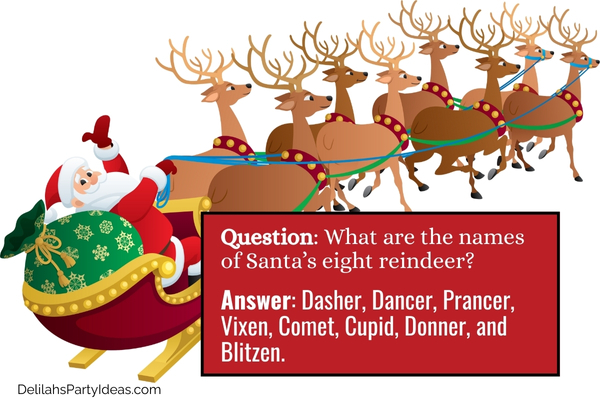 illustration of Santa on his sleigh led by his 8 reindeers, with trivia question and answer overlay