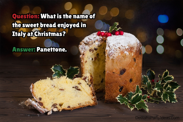 Panettone bread with Christmas decor, with trivia overlay