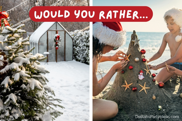 snow Christmas on the left, 2 kids wearing santa hats building a sand castle on the right, "would you rather" in the middle