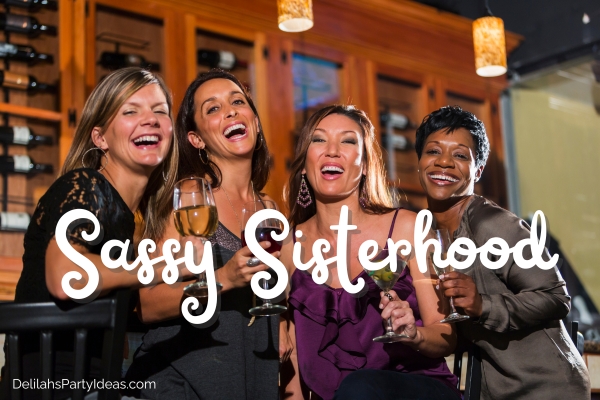 ladies drinking wine in kitty party with party name overlay