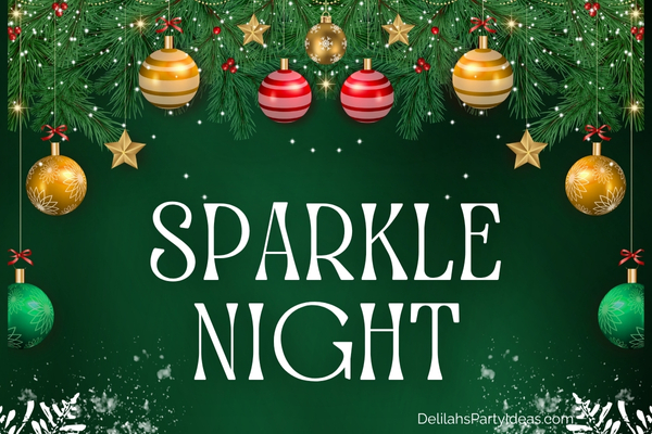 Christmas background of green branches and ball ornaments with Christmas Party Name overlay