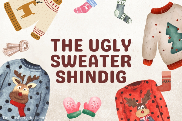 watercolor illustrations of ugly sweaters with Christmas party name overlay