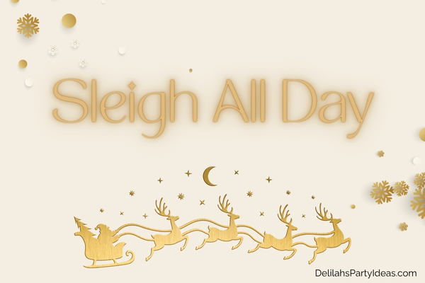 gold illustration of Santa on his sleigh with christmas party name overlay