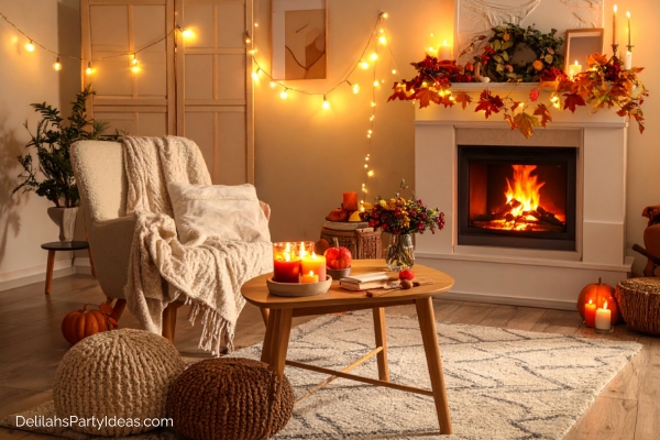 Cozy living room with fireplace and Christmas lights, decors