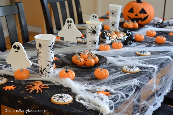 Table decorated with halloween decors and props