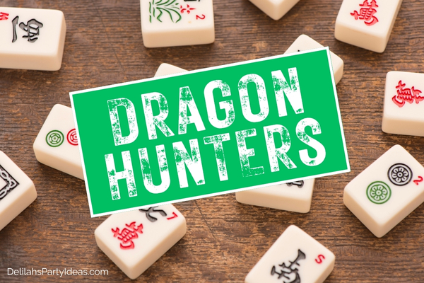 scattered mahjong tiles on table with party name overlay