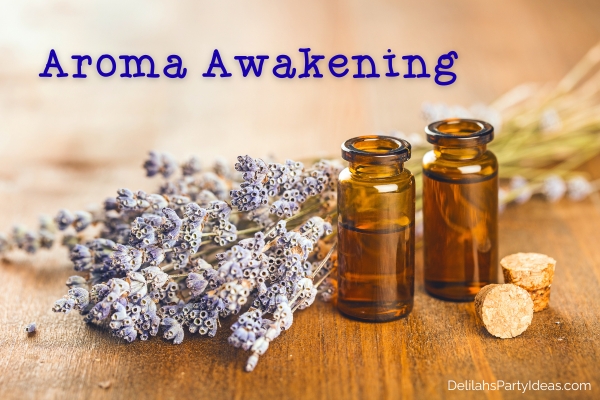 lavender and bottles of essential oils, with scentsy party name overlay