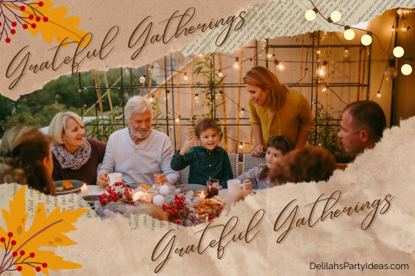 family enjoying thanksgiving dinner, with thanksgiving party name overlay