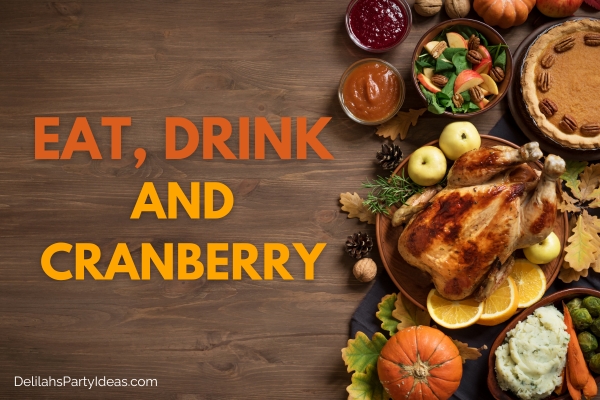 thanksgiving feast on a wooden table with party name overlay