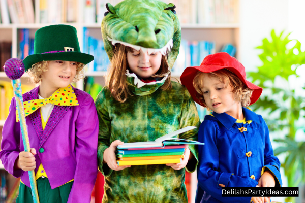 3 kids in costumes for Character Day