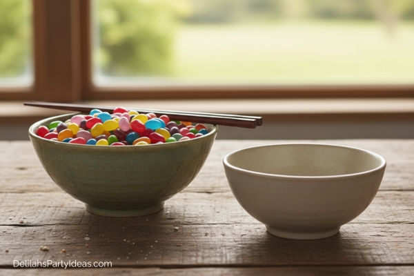 chopstick challenge game - bowl full of jelly beans with chopsticks, other bowl empty