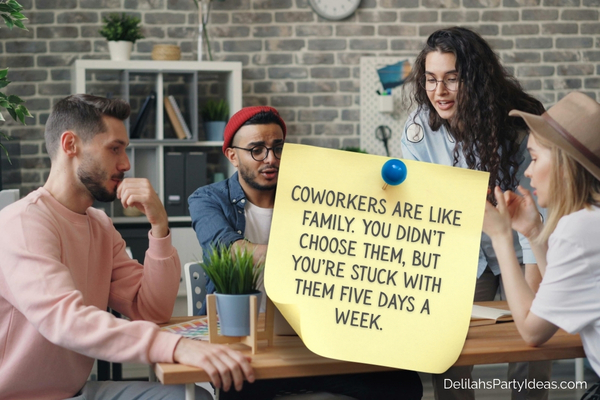 group of coworkers with quote on sticky not overlay