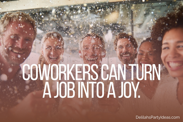 happy coworkers holding drinks with quote overlay
