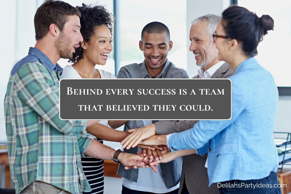 coworkers with their hands together in a huddle, with quote overlay