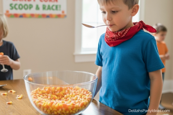 little boy playing candy corn scoop and race game