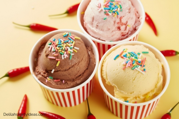 cups of ice cream, chilies scattered on the table