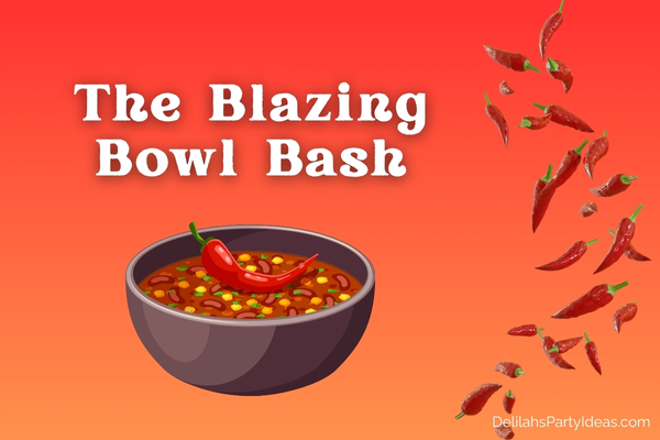 Illustration of a bowl of chili, border of chilis, chili cookoff party name overlay