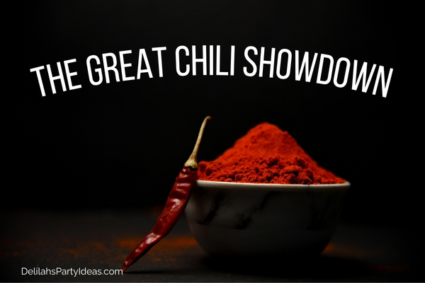 bowl of chili powder spice, with chili cookoff party name overlay