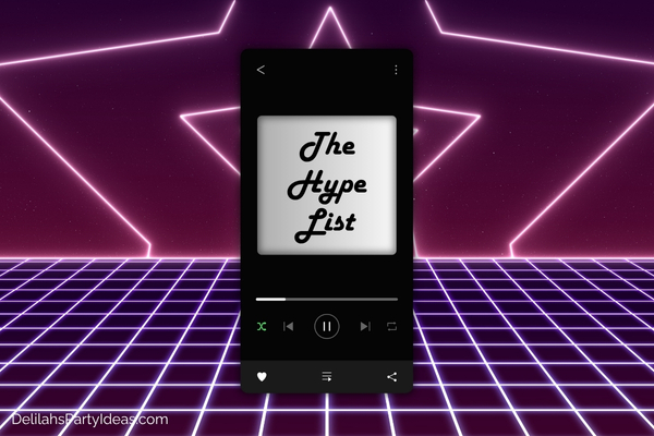 music app on phone with playlist name on retro neon background