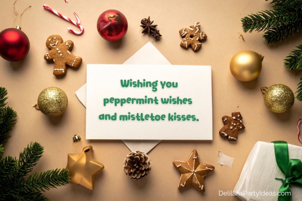 various Christmas things scattered on table, Christmas card with wish overlay