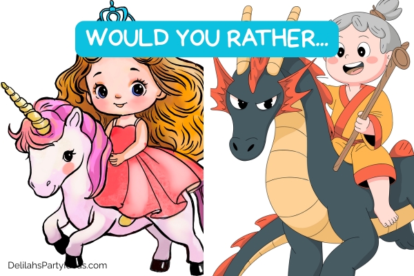 Would you rather: illustration of girl riding a unicorn (left), boy riding a dragon (right)