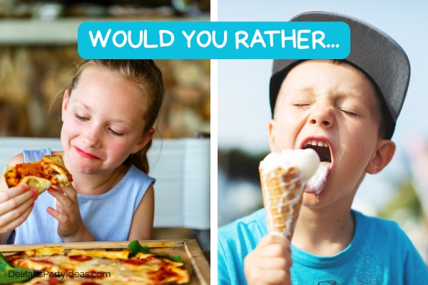 Would you rather: girl eating pizza (left), boy eating ice cream (right)