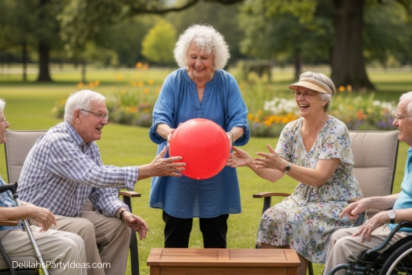 group of seniors playing pass the balloon