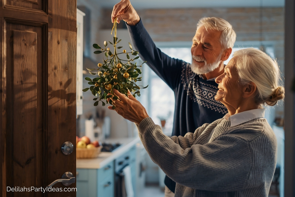 senior couple holding a mistletoe