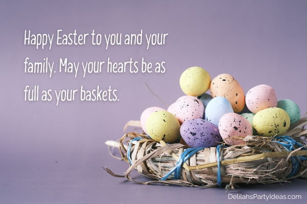 Easter eggs in nest, with quote overlay