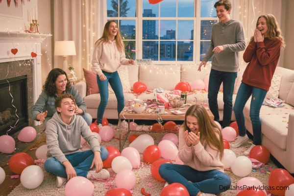 group of teens laughing, living room littered with pink and red balloons