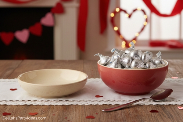 an empty bowl, a bowl with Hershey's Kisses chocolates, a spoon, for Candy Kiss Transfer game