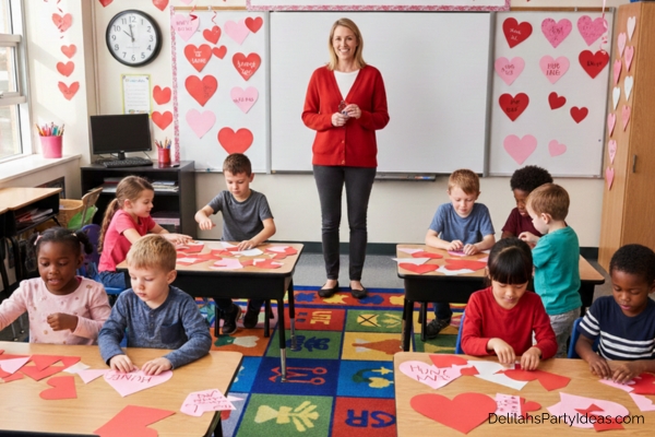 children in a classroom with teacher playing heart puzzle race valentine game