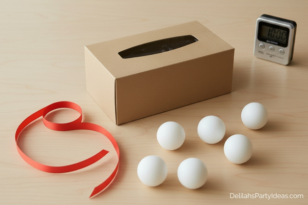 Tissue box, ping pong balls, ribbon, timer